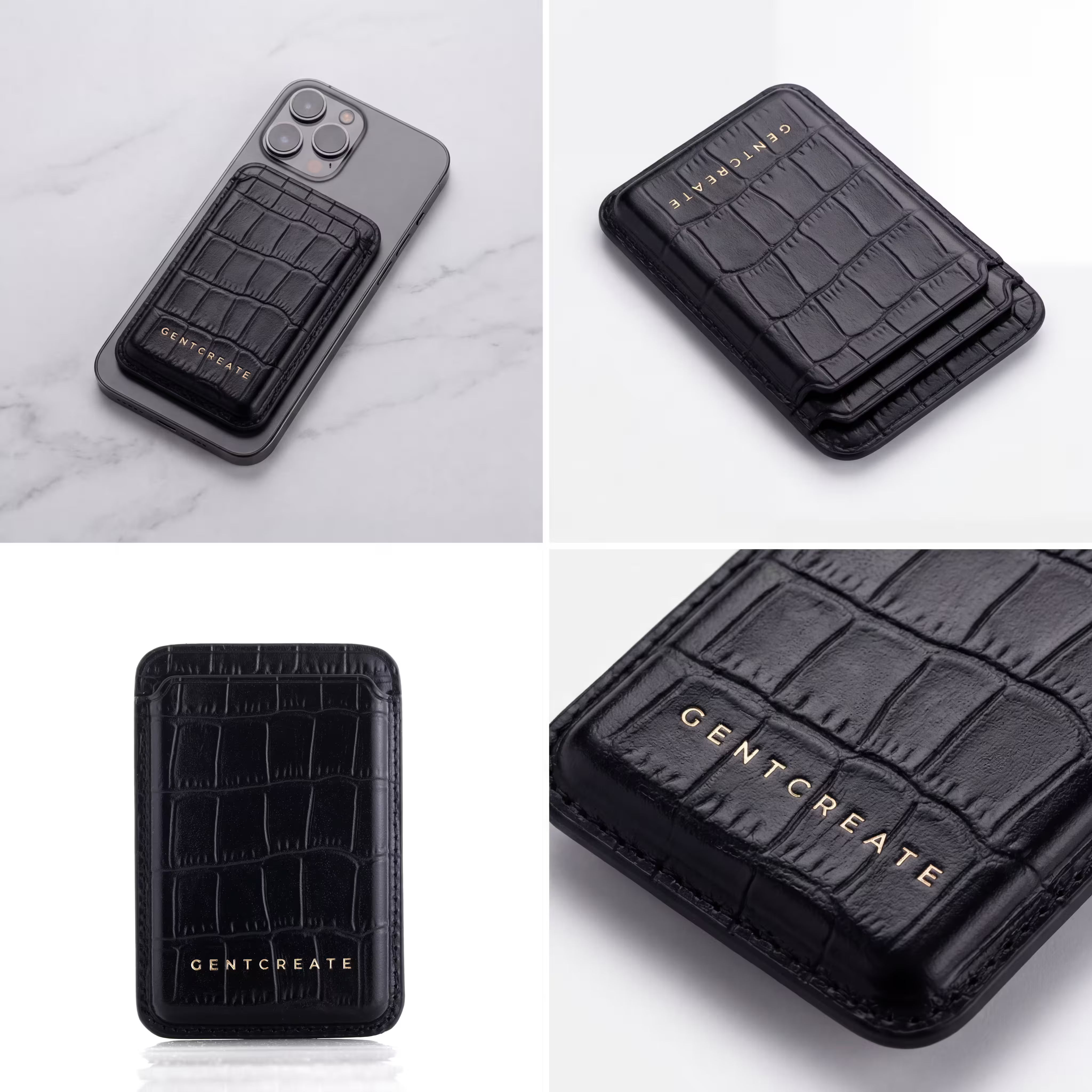 GENTCREATE luxury black crocodile leather MagSafe cardholder accessory for iPhone 17 Pro Max